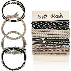 Inovra Plus - Set van 12 Boho-haarbanden voor dames en meisjes - Elastische paardenstaarthouders met parelhaarbanden - Zwart/Beige - Stijlvolle accessoires voor haarstyling
