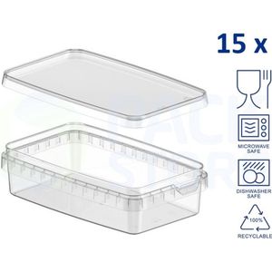 15 x plastic bakjes met deksel - 550 ml - vershoudbakjes - meal prep bakjes - rechthoekig - transparant - geschikt voor diepvries, magnetron en vaatwasser - Nederlandse producent