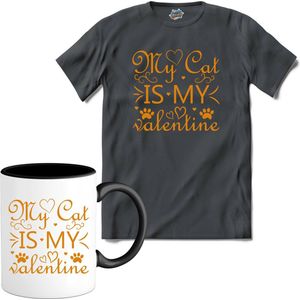 My Cat Is My Valentine | Valentijn - Valentijnsdag - Cadeau - Kado - T-Shirt met mok - Unisex - Mouse Grey - Maat XL