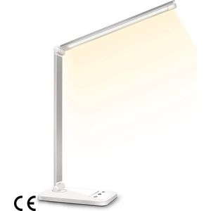 Dimbare LED Bureaulamp met 5 Kleuren & 10 Helderheidsniveaus, USB-Oplaadpoort, Ideale Leeslamp voor Lezers, Kinderen en Kantoor - Stijlvol Aluminium Ontwerp in Zilver