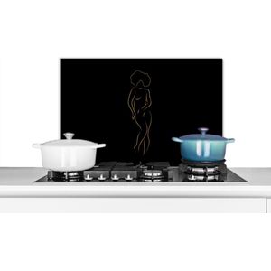 Spatscherm keuken 60x40 cm - Kookplaat achterwand Vrouw - Zwart - Goud - Line art - Muurbeschermer - Spatwand fornuis - Hoogwaardig aluminium