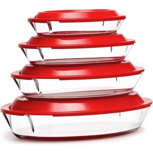 Set van 4 glazen ovenschalen met deksel, 0,8+1,4+2,2+3,5L - lasagneschaal voor de oven (NIET HET DEKSEL), ovaal, glazen voorraadbak met plastic deksel