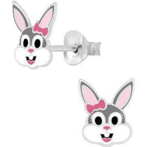 Oorbellen kinderen | Zilveren oorstekers, konijn, grijs en wit