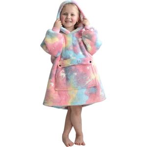 Fleece kinder poncho - plaid met mouwen en capuchon voor kinderen - oversized hoodie kind - fleece deken met mouwen – hoodie plaid voor kinderen - TV deken – hoodie blanket - zacht & warm – maat 116 t/m 134 - unicorn glow in the dark
