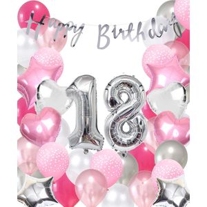 Snoes Ballonnen 18 Jaar Pink Blush Silver Mega Ballon - Compleet Feestpakket 18 Jaar - Verjaardag Versiering Slinger Happy Birthday – Folieballon – Latex Ballonnen - Helium Ballonnen - Zilver en Roze Verjaardag Decoratie