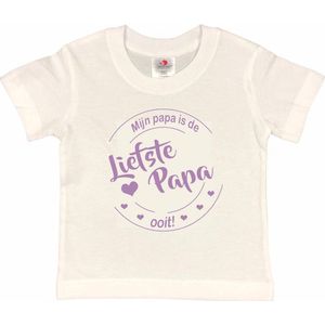 T-shirt Kinderen ""Mijn papa is de liefste papa ooit!"" Vaderdag | korte mouw | Wit/lila | maat 98/104 (XXS)