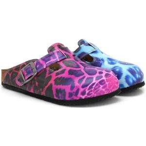 GOBY – Dames Clogs – Paars en Blauw Luipaardprint – Handgemaakt – Vegan Leer – Comfortabele Kurken Zool – Maat 35