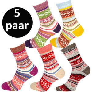 Teckel - 5 paar - Warme Wollen Winter Sokken - Noorse print - Maat 36/42 - Dames - Geel/Beige/L.Paars/D.Paars/D.Grijs - Cadeau tip tijdens feestdagen