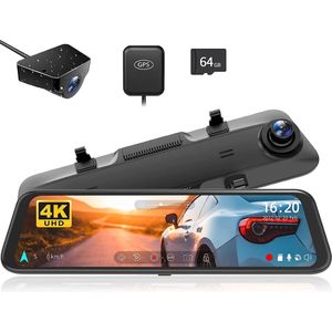 4K dash cam spiegel 12'' achteruitkijkspiegel camera voor auto - dual dash cam - super nachtzicht - parkeerbewaking - achteruitrijhulp - 64GB TF kaart & GPS