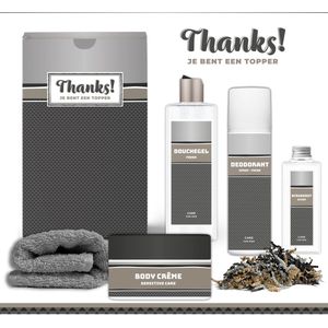 Geschenkset ""Thanks! Je bent een topper"" - 5 Producten - 800 Gram | Giftset voor hem - Luxe cadeaubox man - Body Crème - Douchegel - Deodorant - Vader - Wellness - Pakket - Cadeau set - Bedankt - Thank You - Broer - Vriend - Collega - Zilver