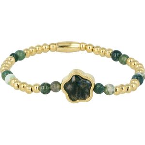 My Bendel Damesarmband bloemdesign goudkleurig Moss Agate - Goudkleurige kralenarmband met bloemenbedel van Moss Agate - Met luxe cadeauverpakking