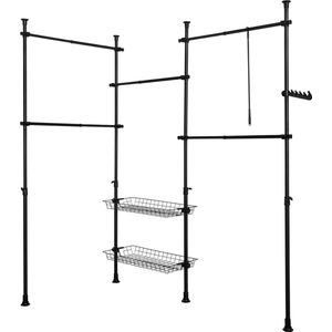 Mara Kledingrek - Klerenrailsysteem - Opbergsysteem - Telescopisch - 2 Manden - 5 Kledingstangen - Zwart - Staal - B (209-305) x H (200-270) cm