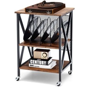 SureDeal® - Platenspeler Standaard 52x45x75 cm - 3-Laags - Vergrendelbare Wielen - Vinyl Platenrek voor 250 Albums - Hout & Staal - Retro Bruin