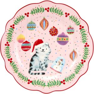 Maxwell & Williams Jolly Joy Joy Kerstbord Kat Diameter: 20cm Roze Porselein Ontbijtbord Kerst Vaatwasserbestendig