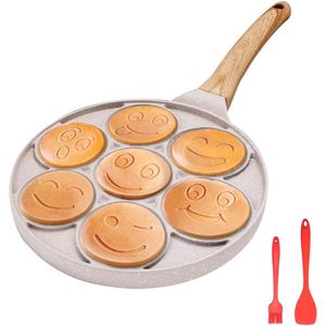 Smiley gezicht pannenkoekenpan, pannenkoek koekenpan antiaanbaklaag, 7 gaten mini pannenkoekenmaker voor kinderen, crêpe pan 26cm - wit