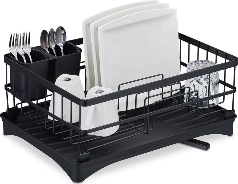 Relaxdays afdruiprek - met lekbak - met afvoer - 18 x 42 x 30 cm - vaatwasrek - zwart