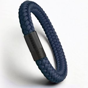 ARMBND® Heren armband - BANNER KLAAR MEE - - Navy Blauw Touw met Zwart Staal - Armand heren - Maat S/M - 20 cm lang - The original - Touw armband