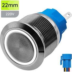 ProRide Metalen Pulsschakelaar 220V OFF-(ON) - 22mm - Momentschakelaar met Aansluitkabel - Spatwaterdicht - LED Indicatie Wit