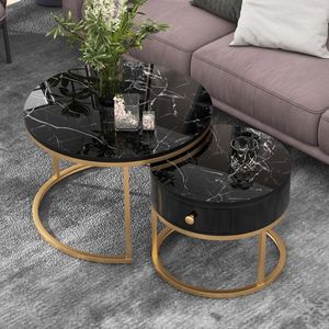 Moderne salontafel set van 2 voor woonkamer balkon kantoor - ronde hout accent salontafels met lade- Goud stevig metalen frame - eenvoudige montage - marmer zwart 70cm en& 50cm