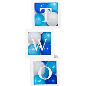 3 doorzichtig letter ballon blokken Two wit inclusief 24 ballonnen licht en donker blauw en wit - ballon box - 2 - twee - verjaardag