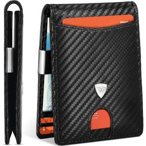 ophy - Portemonnees - Heren Slim RFID Blokkerende Koolstofvezel Leren Portemonnees voor Heren met maximaal 12 Creditcardvakken - Sterke Geldclip - Minimalistische Bi-Fold Heren Portemonnees met Geschenkdoos - Zwart