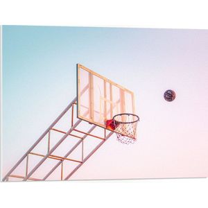 PVC Schuimplaat - Bal Vallend in Basket onder Blauwe Lucht - 80x60 cm Foto op PVC Schuimplaat (Met Ophangsysteem)