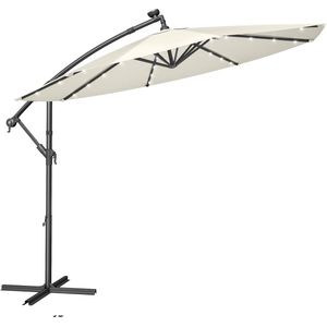 FurnStar - Parasol met LED-verlichting op zonne-energie - Zweefparasol - 300 cm - 32 LED-lampen - Met standaard - Zonwering UPF 50+ - Met zwengel - Beige