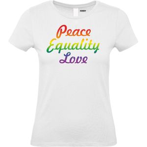 Dames T-shirt Peace Equality Love | Gay pride shirt kleding | Regenboog kleuren | LGBTQ | Wit dames | maat M