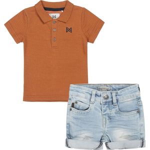 Koko Noko - Kledingset(2delig) - short jeans used look - shirt polo bruin - Maat 104