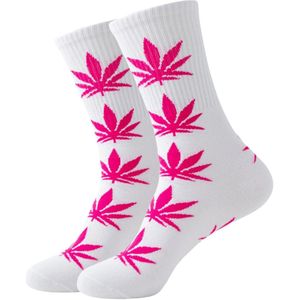 CHPN - Wiet sokken - Weed socks - Cadeau - Sokken - Roze/Wit - Unisex - One size - 36-46
