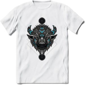 Bizon - Dieren Mandala T-Shirt | Lichtblauw | Grappig Verjaardag Zentangle Dierenkop Cadeau Shirt | Dames - Heren - Unisex | Wildlife Tshirt Kleding Kado | - Wit - 3XL