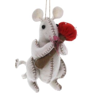 Muis wit met paddestoel, vilt 11cm