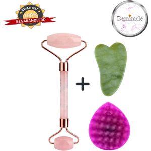 Demiracle Rose Quartz Face Roller met Gua Sha Schraper en Paarse Siliconen Gezichtsborstel - Gezichtsroller - Massage Roller - Jade Roller - Rimpelverwijdering - Ontspanning