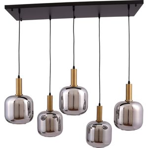 MBC-Light - hanglamp smoke bulbs - spiegel glas - brons element - 5 lichts - zwart ophangplaat 100 x 30cm