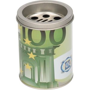 Kleine asbak met deksel 100 euro opdruk groen 10 cm metaal - Fun asbakken