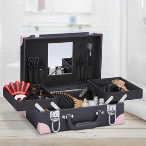 Visagie koffer Make-up koffer - Nagellak - Cosmeticakoffer met spiegel en slot - HBD 125 x 31 x 23 cm - Zwart/roze Visagie koffer