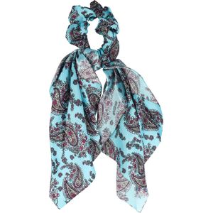 Haarsoires Haarelastiek Scrunchie – Paisleyprint – 25cm Linten – Gladde Stof – Blauw - Haarkrinkel - Haar Elastiek met Stof - Zacht & Haarvriendelijk