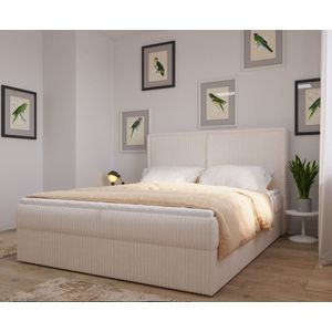 InspireME Boxspring Bed 04 - Houtconstructie en laminaatplaat - Bed met beddengoedcontainer - Corduroy stof - 180x200 - Crème (Ambience 02)