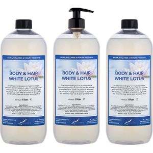 Body & Hair White Lotus 1 liter - set van 3 stuks - met gratis pomp - 2 in 1 voor lichaam en haar.