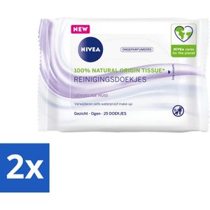 2 x Nivea - Sensitive Reinigingsdoekjes - Voor Gevoelige Huid - 25 Doekjes - Reinigingsdoekjes - Gevoelige Huid - Make-up Remover - Waterproof Mascara - Dexpanthenol