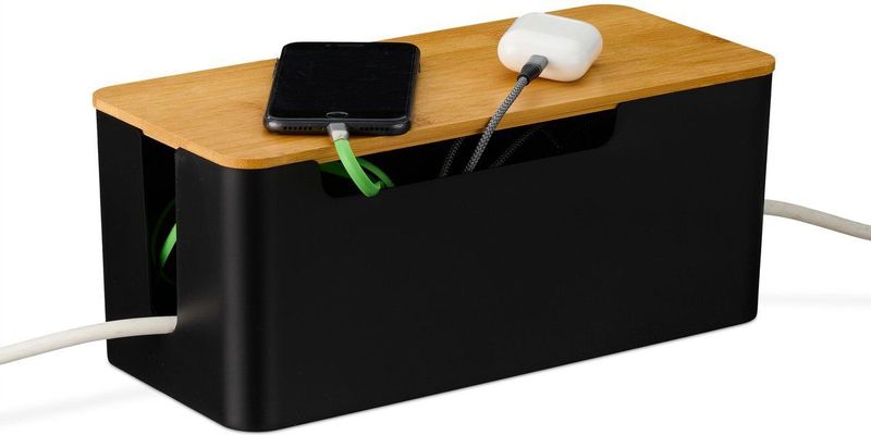 Kabelbox - Zwart - 13x31x14 cm - Kunststof - Bamboe Deksel