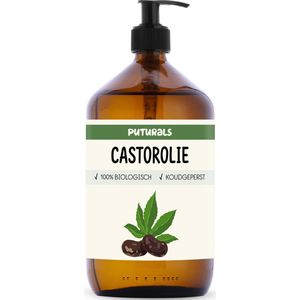 Puturals Castor Olie 100% Biologisch - 1000ml - Koudgeperst en Hexaanvrij - Castor Olie als Wimperserum, Haarolie en Huidolie - Rijk aan Vitamine E en Ricinolzuur - Ricinusolie voor Packing - Bruine Glazen Fles + Pomp