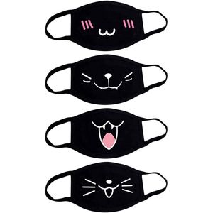 4 Stuks Anime Cartoon Masker Unisex Anti-Stof Mode - Schattige Mondbescherming Herbruikbaar Emotiemasker Zwart Met Motief - 4 Stuks