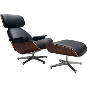 Meubi Chair met hocker - Zwart - Palissander - Fauteuil - Relaxfauteuil - Lounge Chair - Leer - Chrome onderstel