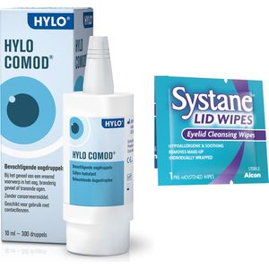 HYLO COMOD® 300 Oogdruppels Droge Ogen - 10ml + 1 Stuk Systane Lid Wipe Reinigingsdoekje
