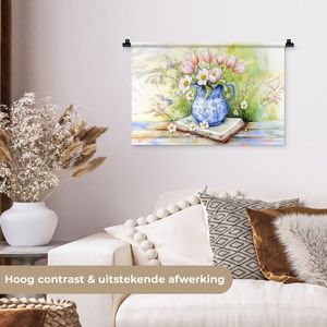 Wandkleed 60x40 cm - Wanddoek Vaas - Delftsblauw - Madeliefjes - Wandtapijt - Wandkleden