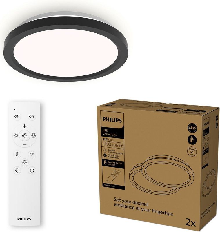 Philips - Aio RD - LED Plafondlamp - Zwart - Dimbaar - Multipack van 2