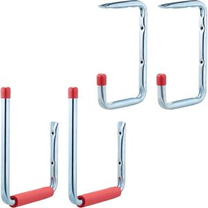 Set van 4 wandhaken - 2 groottes - tot 15 kg - werkplaats ophanghaken - garage muurhaken - ladder - zilver-rood