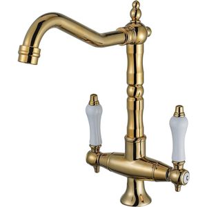 Keukenkraan Set - Geborsteld Messing – Landelijk Ontwerp – 360° Draaibare Gootsteenkraan – Enkel Gat Installatie – Antieke Kraan Voor Koud & Warm Water – Luxe Design Voor Keuken & Badkamer