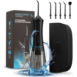 LunaGood® Waterflosser - Water Flosser - 30 Dagen Gebruik - Monddouche - Draadloos en Oplaadbaar - 5 Standen - 6 Opzetstukken - 300ML - Flosapparaat - Monddouche - Waterdicht - Zwart - Met Reis Etui